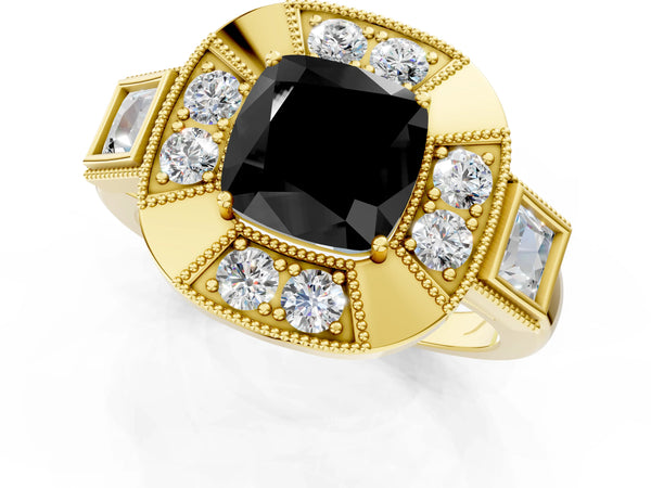 Yellow Gold Cushion Cut Vintage Milgrain Halo Engagement Ring Setting for Black Center