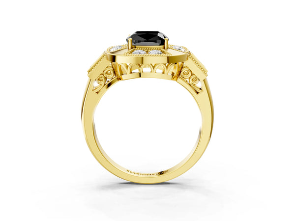 Yellow Gold Cushion Cut Vintage Milgrain Halo Engagement Ring Setting for Black Center