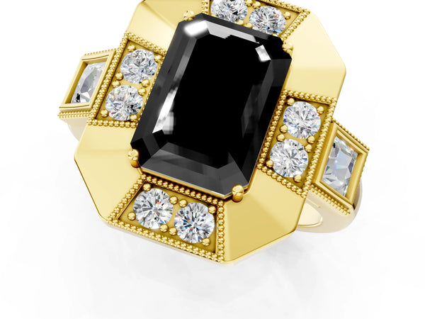 Yellow Gold Emerald Cut Vintage Milgrain Halo Engagement Ring Setting for Black Center