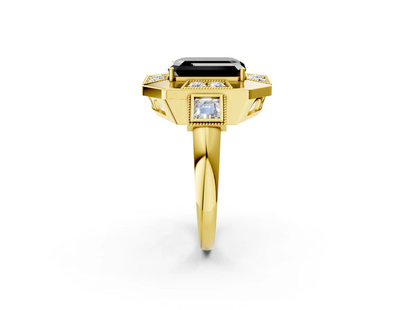 Yellow Gold Emerald Cut Vintage Milgrain Halo Engagement Ring Setting for Black Center
