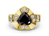 Yellow gold Milgrain Fancy Black Heart Cut Diamond Halo Split Shank Ring