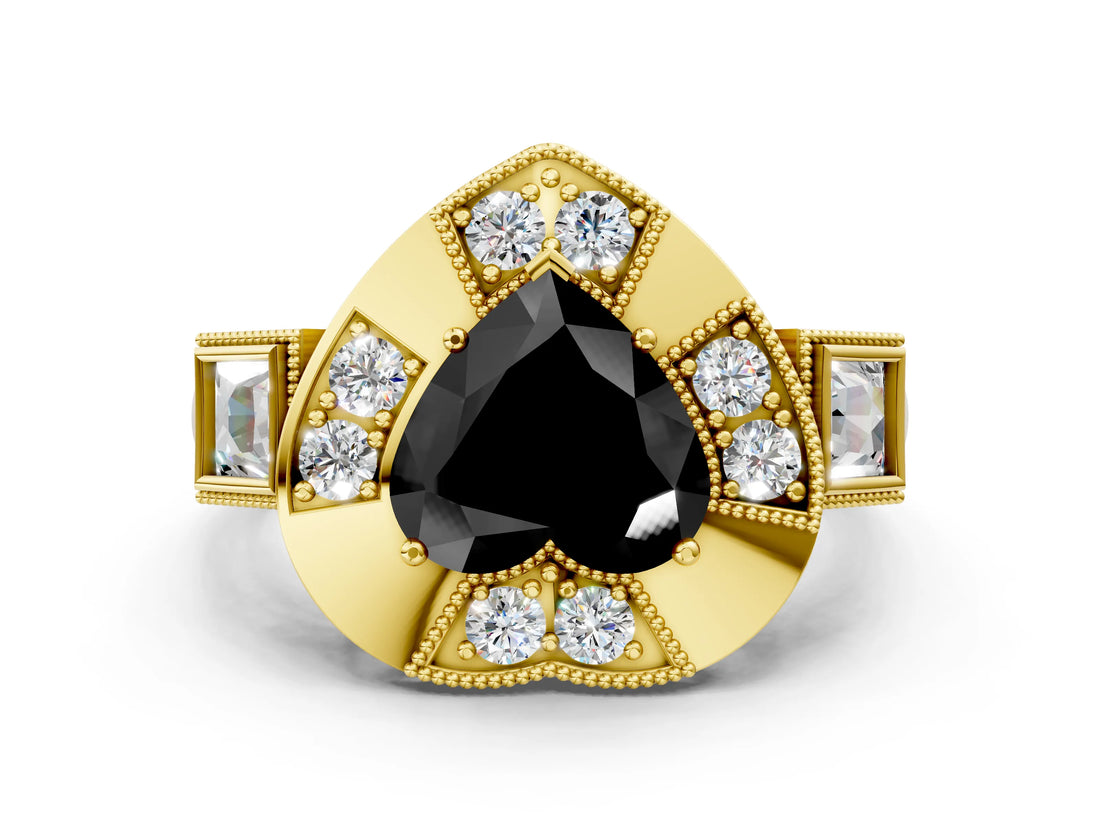 Yellow gold Milgrain Fancy Black Heart Cut Diamond Halo Split Shank Ring_24