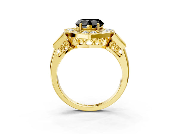 Yellow Gold Heart-Shaped Vintage Milgrain Halo Engagement Ring Setting for Black Center
