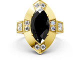 Yellow gold Milgrain Fancy Black Marquise Cut Diamond Halo Split Shank Ring