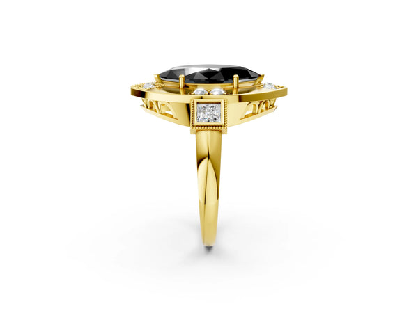 Yellow Gold Marquise Vintage Milgrain Halo Engagement Ring Setting for Black Center