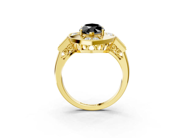 Yellow Gold Marquise Vintage Milgrain Halo Engagement Ring Setting for Black Center