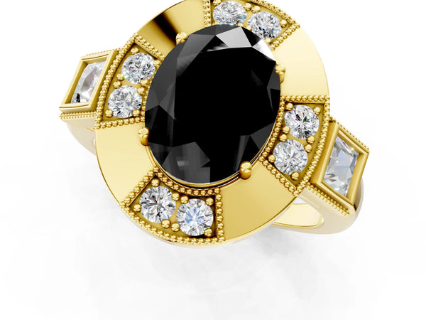 Yellow Gold Oval Vintage Milgrain Halo Engagement Ring Setting for Black Center