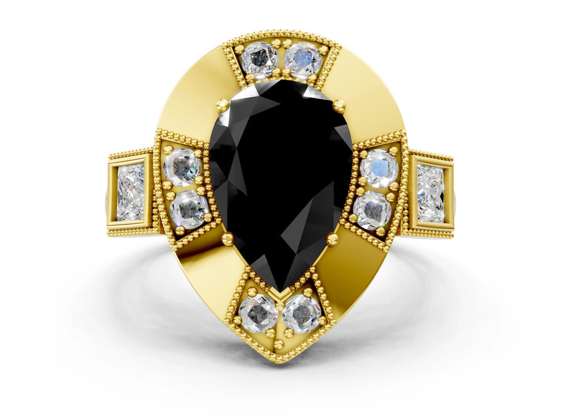 Yellow gold Milgrain Fancy Black Pear Cut Diamond Halo Split Shank Ring