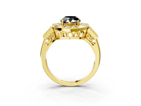 Yellow Gold Pear-Shaped Vintage Milgrain Halo Engagement Ring Setting for Black Center
