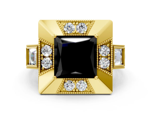 Yellow Gold Princess Cut Vintage Milgrain Halo Engagement Ring Setting for Black Center