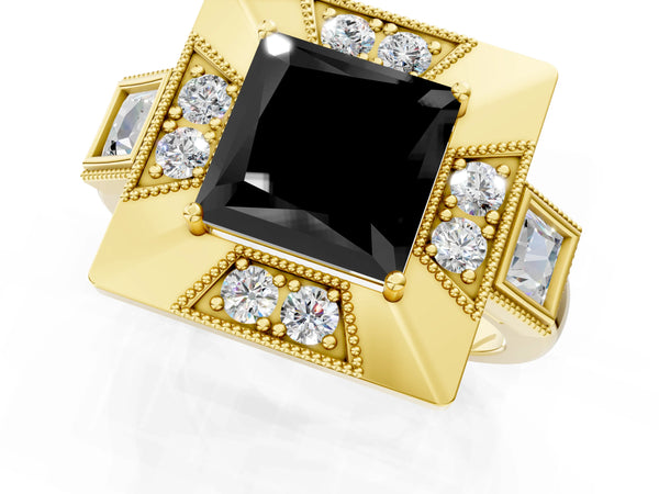 Yellow Gold Princess Cut Vintage Milgrain Halo Engagement Ring Setting for Black Center