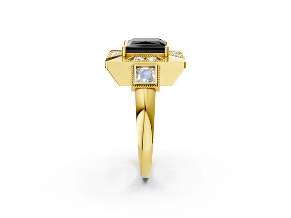 Yellow Gold Princess Cut Vintage Milgrain Halo Engagement Ring Setting for Black Center