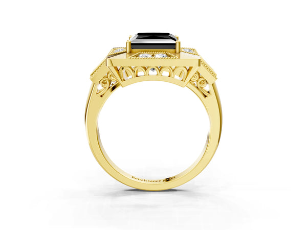 Yellow Gold Princess Cut Vintage Milgrain Halo Engagement Ring Setting for Black Center