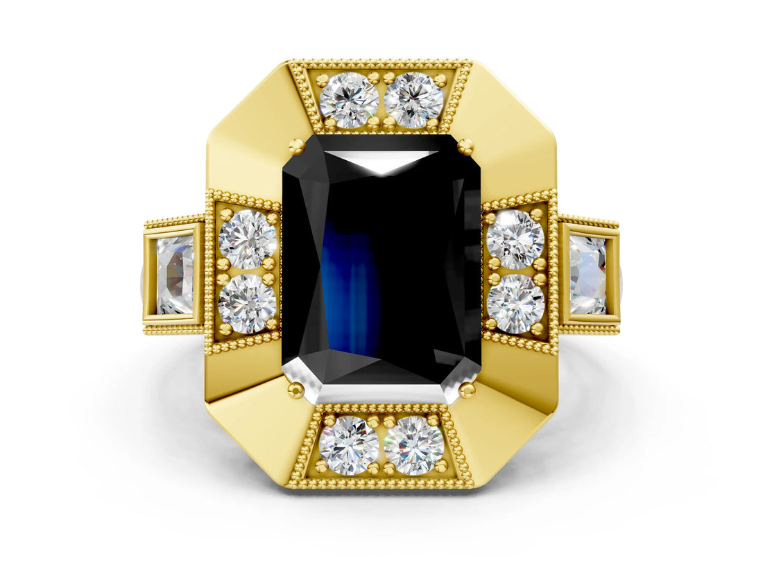 Yellow gold Milgrain Fancy Black Radiant Cut Diamond Halo Split Shank Ring