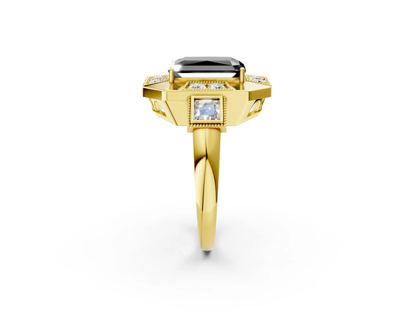 Yellow Gold Radiant Cut Vintage Milgrain Halo Engagement Ring Setting for Black Center