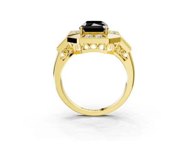 Yellow Gold Radiant Cut Vintage Milgrain Halo Engagement Ring Setting for Black Center