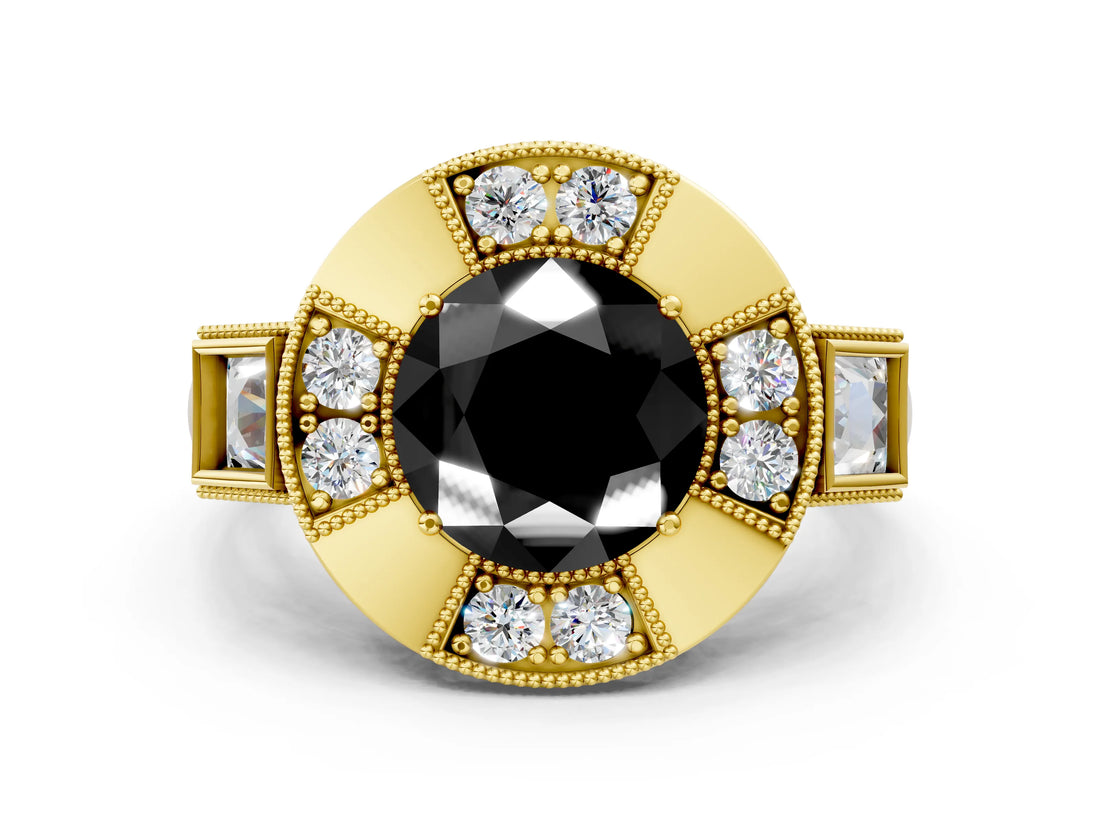 Yellow gold Milgrain Fancy Black Round Cut Diamond Halo Split Shank Ring