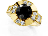 Yellow gold Milgrain Fancy Black Round Cut Diamond Halo Split Shank Ring_1