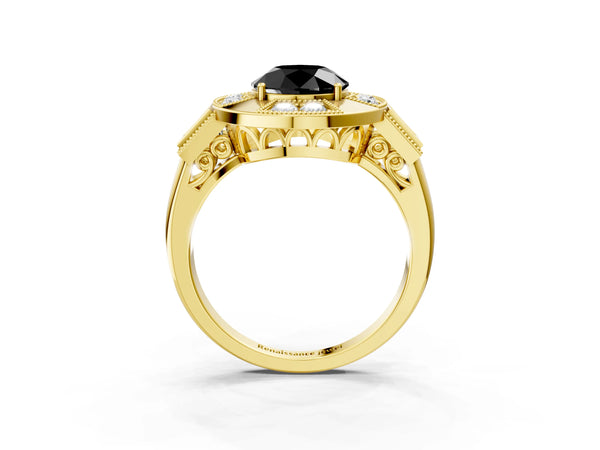 Yellow Gold Round Vintage Milgrain Halo Engagement Ring Setting for Black Center