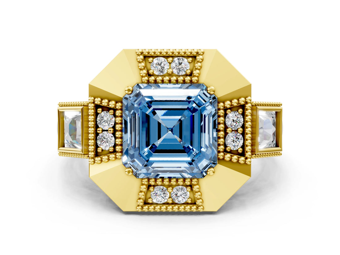 Yellow gold Milgrain Fancy Blue Asscher Cut Diamond Halo Split Shank Ring