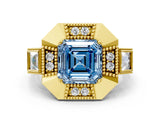 Yellow gold Milgrain Fancy Blue Asscher Cut Diamond Halo Split Shank Ring