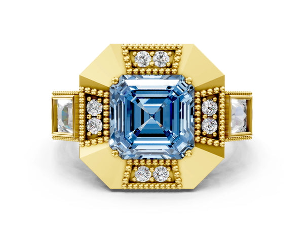 Yellow Gold Asscher Cut Vintage Halo Engagement Ring Setting for Fancy Blue Center - Design RJ-711