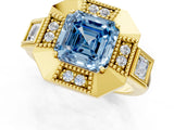 Yellow gold Milgrain Fancy Blue Asscher Cut Diamond Halo Split Shank Ring_1