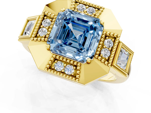 Yellow Gold Asscher Cut Vintage Halo Engagement Ring Setting for Fancy Blue Center - Design RJ-711