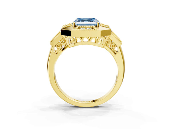 Yellow Gold Asscher Cut Vintage Halo Engagement Ring Setting for Fancy Blue Center - Design RJ-711