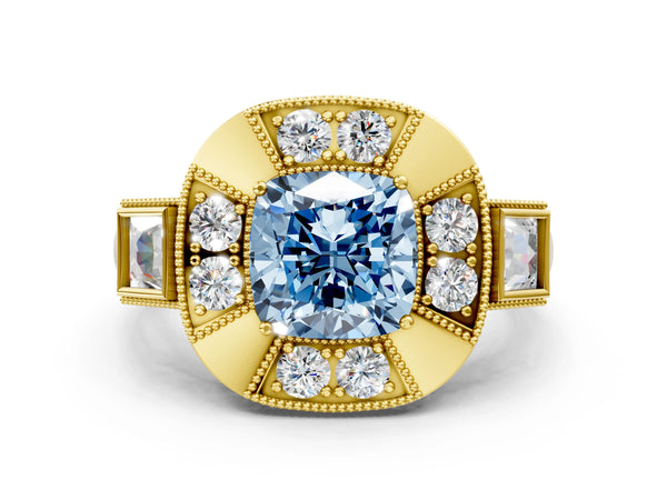 Yellow gold Milgrain Fancy Blue Cushion Cut Diamond Halo Split Shank Ring