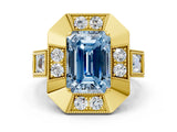 Yellow gold Milgrain Fancy Blue Emerald Cut Diamond Halo Split Shank Ring