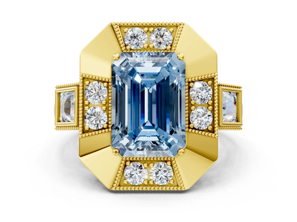 Yellow Gold Emerald Cut Vintage Halo Engagement Ring Setting for Fancy Blue Center - Design RJ-711