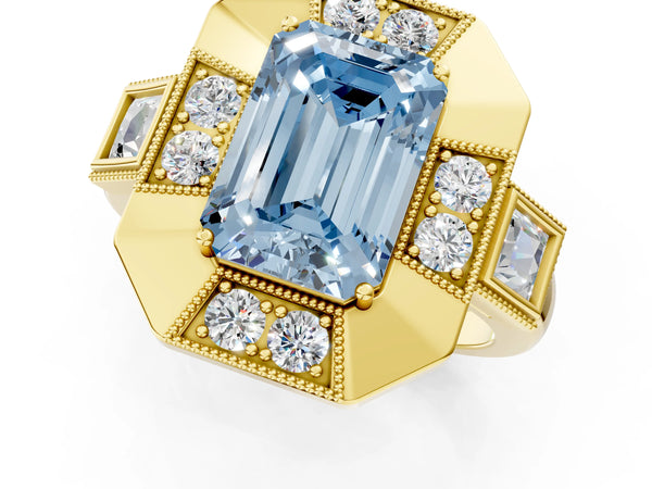 Yellow Gold Emerald Cut Vintage Halo Engagement Ring Setting for Fancy Blue Center - Design RJ-711