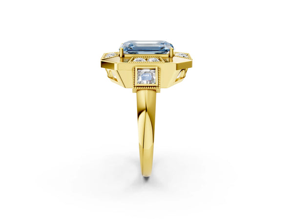 Yellow Gold Emerald Cut Vintage Halo Engagement Ring Setting for Fancy Blue Center - Design RJ-711