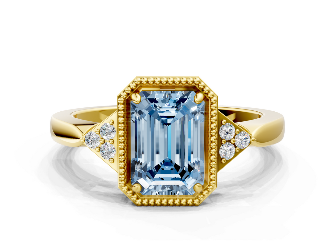 Yellow gold Milgrain Fancy Blue Emerald  Cut Diamond Ring with Tapered Pave Band and Four Prong Setting_3