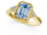 Yellow gold Milgrain Fancy Blue Emerald  Cut Diamond Ring with Tapered Pave Band and Four Prong Setting_4