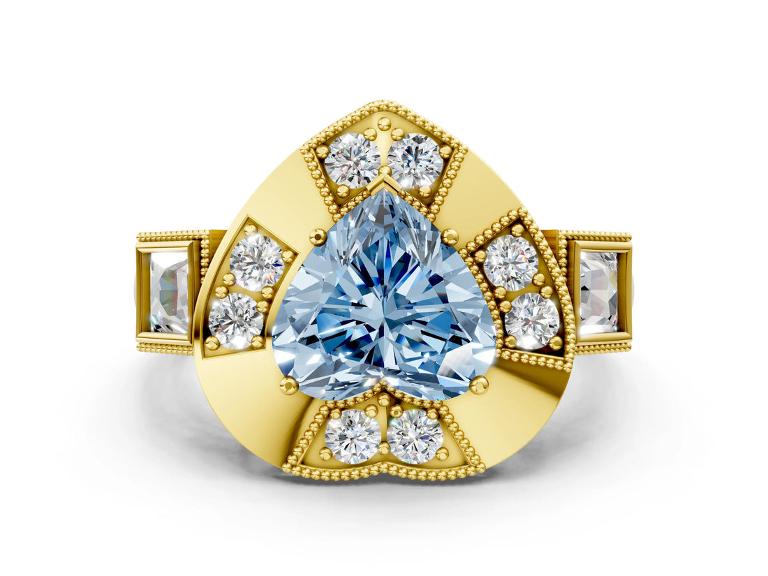 Yellow gold Milgrain Fancy Blue Heart Cut Diamond Halo Split Shank Ring_12