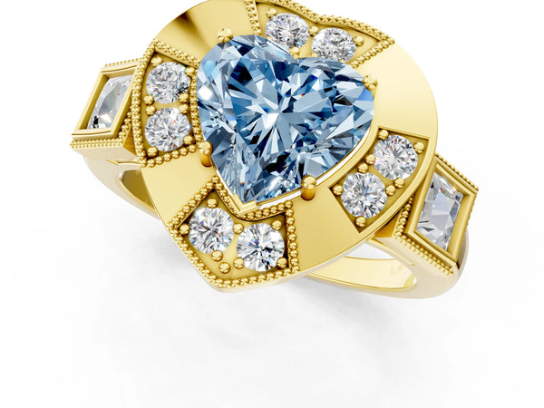 Yellow Gold Heart-Shaped Vintage Halo Engagement Ring Setting for Fancy Blue Center - Design RJ-711