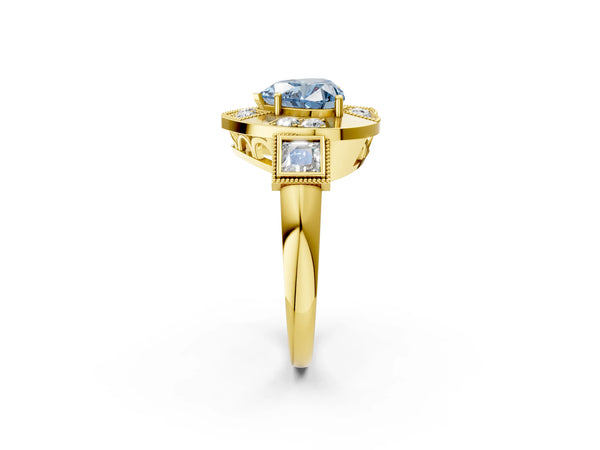 Yellow Gold Heart-Shaped Vintage Halo Engagement Ring Setting for Fancy Blue Center - Design RJ-711