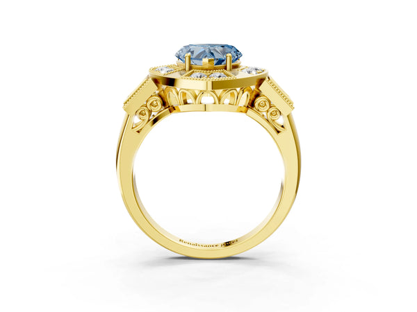 Yellow Gold Heart-Shaped Vintage Halo Engagement Ring Setting for Fancy Blue Center - Design RJ-711