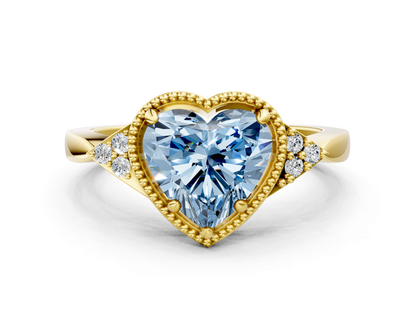 Yellow gold Milgrain Fancy Blue Heart  Cut Diamond Ring with Tapered Pave Band and Four Prong Setting