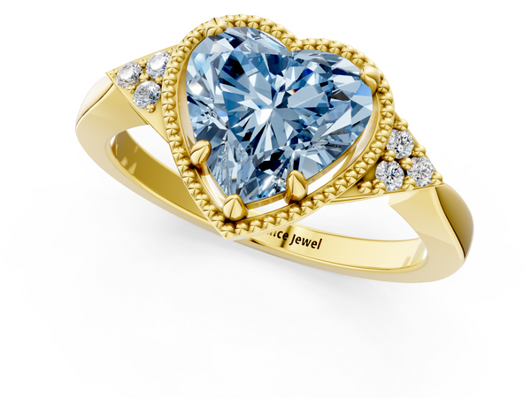 Yellow gold Milgrain Fancy Blue Heart  Cut Diamond Ring with Tapered Pave Band and Four Prong Setting