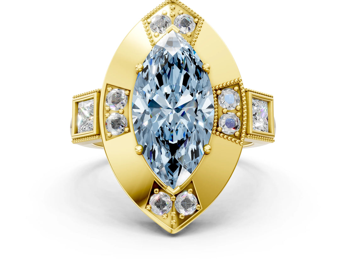 Yellow gold Milgrain Fancy Blue Marquise Cut Diamond Halo Split Shank Ring