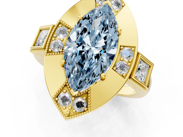 Yellow Gold Marquise Vintage Halo Engagement Ring Setting for Fancy Blue Center - Design RJ-711