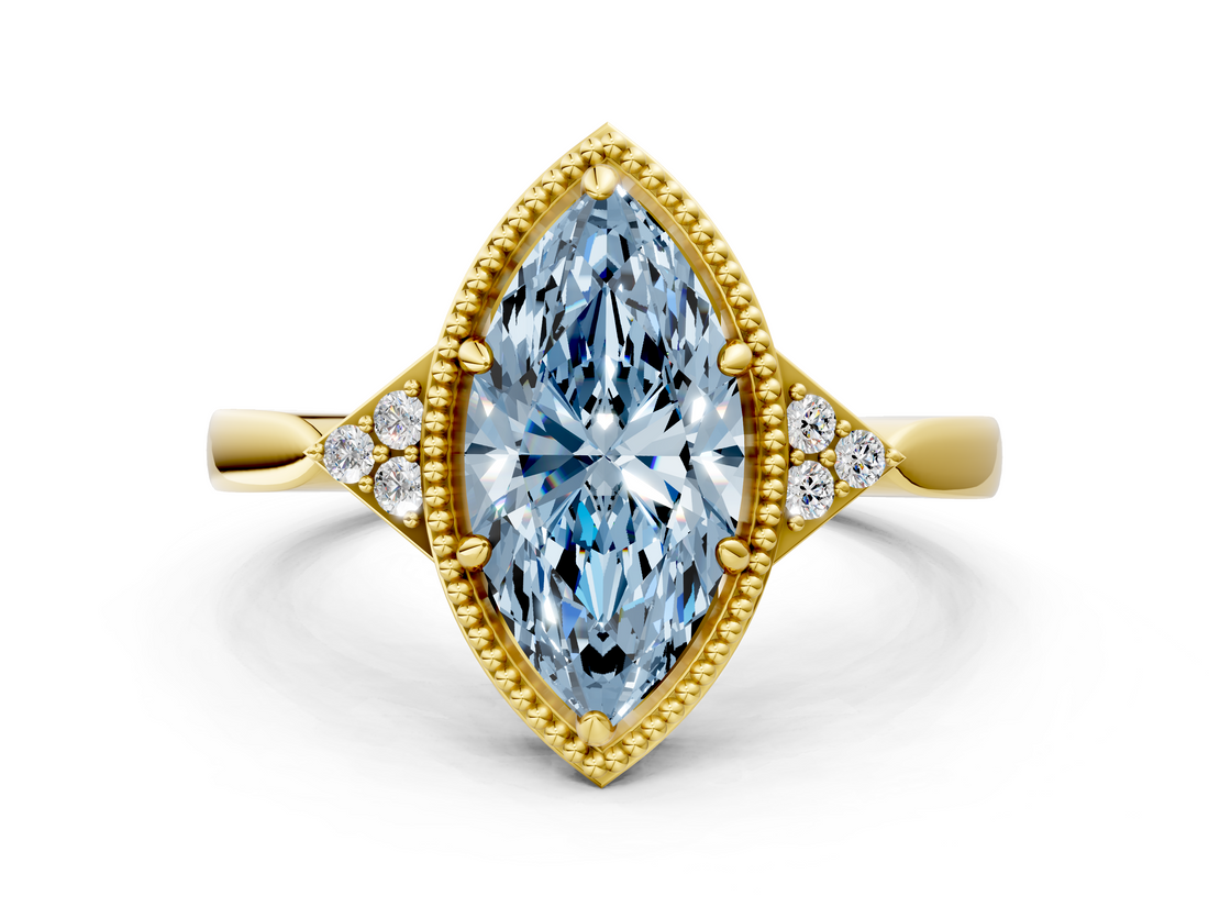 Yellow gold Milgrain Fancy Blue Marquise  Cut Diamond Ring with Tapered Pave Band and Four Prong Setting_3