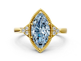 Yellow gold Milgrain Fancy Blue Marquise  Cut Diamond Ring with Tapered Pave Band and Four Prong Setting_3