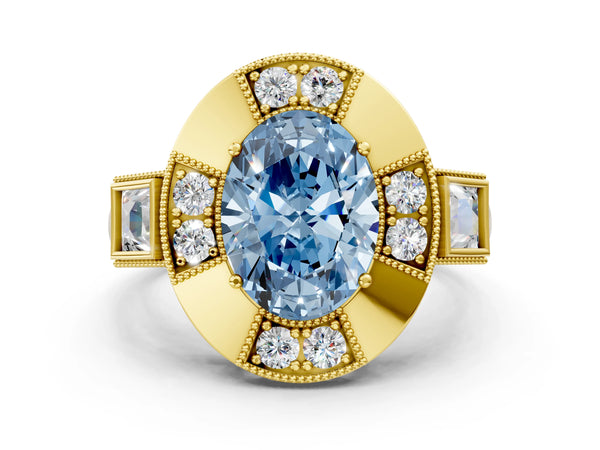 Yellow gold Milgrain Fancy Blue Oval Cut Diamond Halo Split Shank Ring