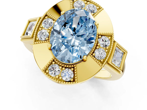 Yellow gold Milgrain Fancy Blue Oval Cut Diamond Halo Split Shank Ring
