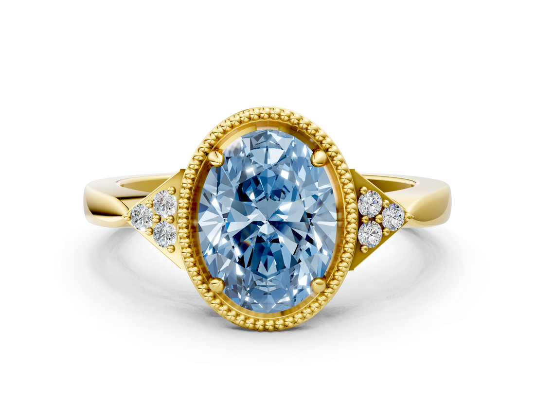 Yellow gold Milgrain Fancy Blue Oval  Cut Diamond Ring with Tapered Pave Band and Four Prong Setting_3