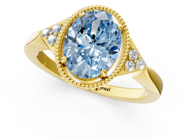 Yellow gold Milgrain Fancy Blue Oval  Cut Diamond Ring with Tapered Pave Band and Four Prong Setting